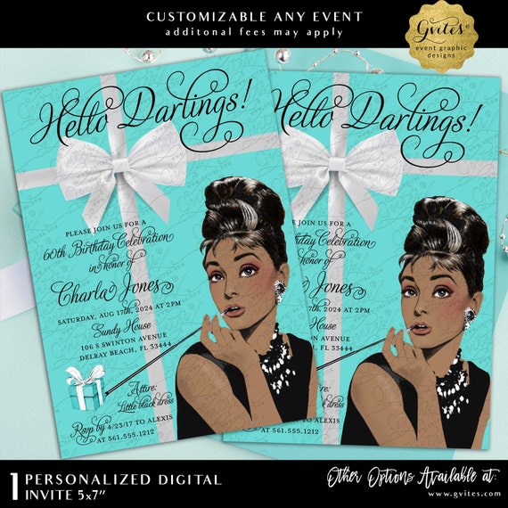 60th Birthday Invite Audrey Hepburn Style African American Digital Download Personalized | 5x7"
