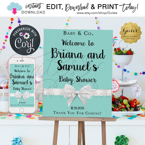 Welcome Baby & Co Printable Poster Editable Template. Blue Breakfast Party Theme Decor. {Size: 18x24"}