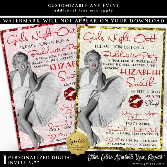 Marilyn Monroe Bachelorette Invitation / Vintage Girls Night Out Bachelorette Party / Red Gold Glitter Old Hollywood.