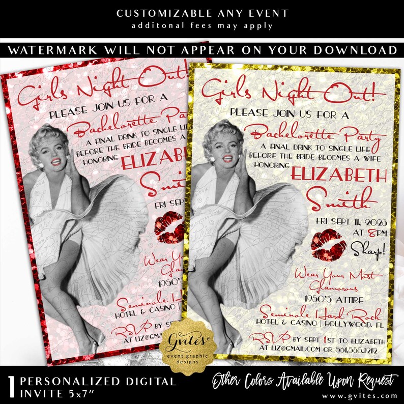 Marilyn Monroe Bachelorette Invitation / Vintage Girls Night Out Bachelorette Party / Red Gold Glitter Old Hollywood. image 1