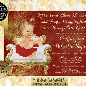 Red and Gold Baby shower invitations African American ribbons bows diamonds pearls/ vintage girl tutu invite digital. 7x5 Gold Feathers image 3