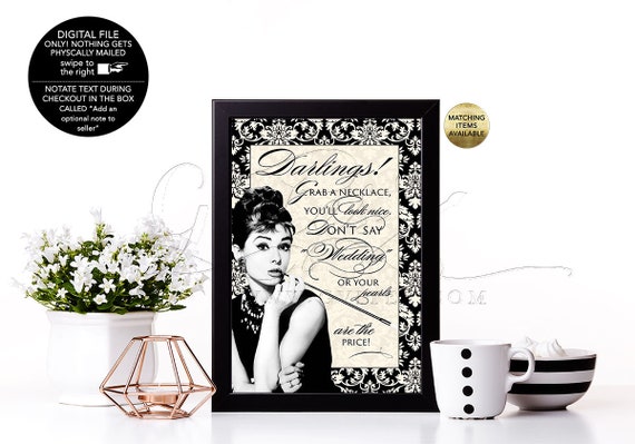 Pearl Necklace Game Don't Say Wedding Bridal shower games Audrey Hepburn, Ivory and Black Damask breakfast at themed co bridal, 5x7" Gvites.