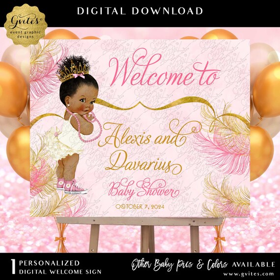 Sparkly Feathers Pink & Gold Watercolor Afro Puffs Princess Baby Shower Welcome Sign Digital Download