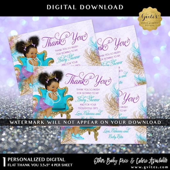 Baby Shower Thank You Cards 5x3.5" Periwinkle Grape Purple Aqua Blue Gold Glitter Watercolor Feathers by Gvites
