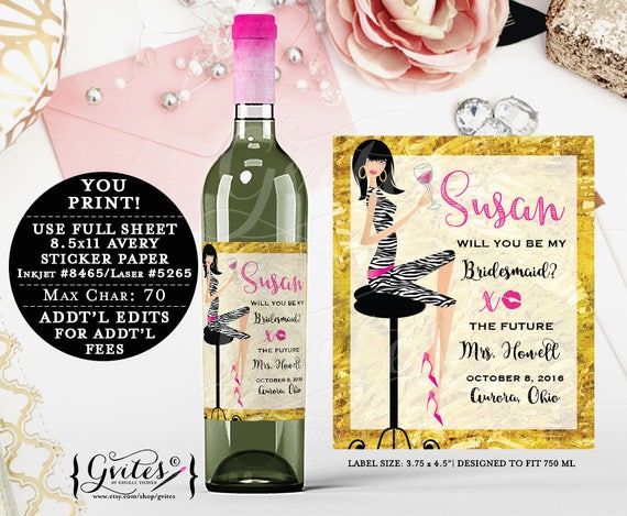 Pink & Gold Wine Bottle Labels  / Bridal Shower Bridesmaid labels / Printable bottle tags Bridesmaid Gifts / Vintage Wedding party favors