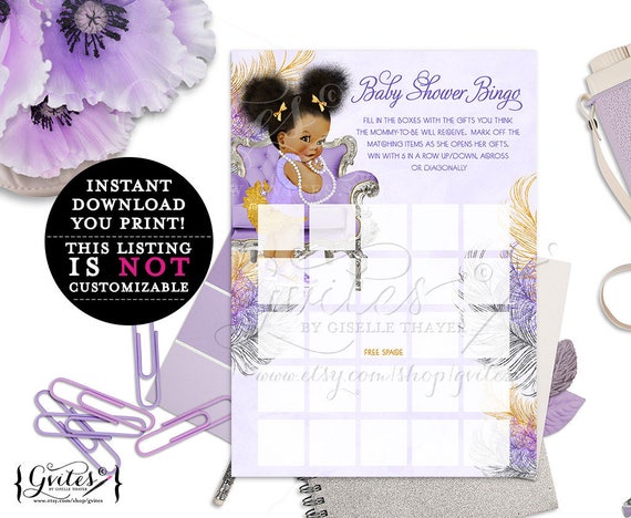 African American bingo cards/ lavender purple gold and silver/ ethnic baby bingo card/ diamonds pearls/ instant download/ 5x7 2-Per Sheet