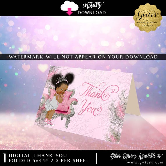 Baby Shower Thank You Card Printable | Pink & Silver Princess Theme African American Afro Puff Girl | Instant Download  5x3.5" 2 Per/ Sheet