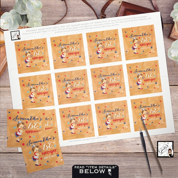 Thank you tags, Birthday favor labels, custom tags, stickers, cupcake toppers, 1st 4th of July, tags PRINTABLE  2x2" 12/Per Sheet.