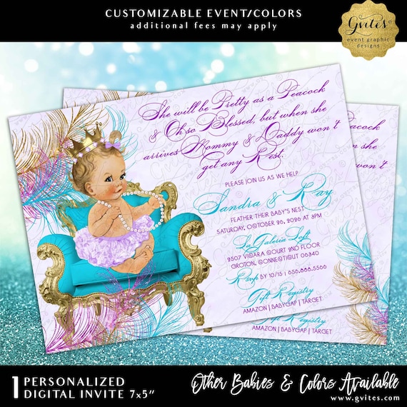 Peacock Baby Girl Shower Printable Invitation 7x5"