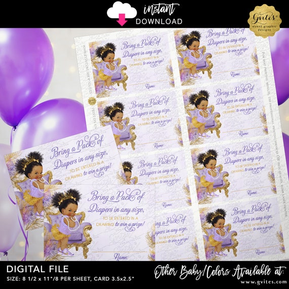Diaper Raffle Printable Tickets Purple Gold | Princess Theme Baby Shower Princess Game | Dark Puffs/Curly Instant Download. 3.5x2.5" 8 Sheet