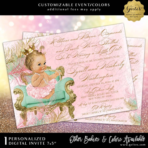 Glittery Feathers Blush Pink Gold & Mint Green Princess Baby Shower Invitation 5x7" Printable/Digital