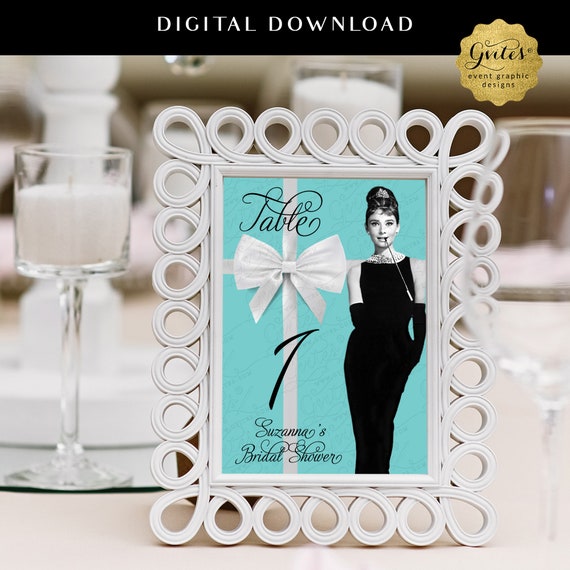 Audrey Hepburn Table Numbers 1-10 Breakfast Bridal Shower Turquoise Blue by Gvites 5x7"
