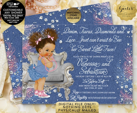 Princess Baby Shower Denim Tiaras Diamonds and Pearls/ 7x5 Double Sided/ Afro Puffs African American Gvites/ Printable/ Digital/ JPG/ PDF