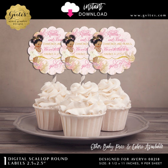 Pink Gold Princess Printable Cupcake Toppers 2.5x2.5" | Sparkly Feathers Pink & Gold Watercolor Afro Puffs Baby Shower Dark/Puffs Curly