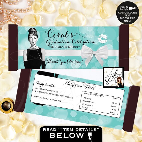 Audrey Hepburn Candy Bar Wrappers / Graduation Party Favor gifts / Hershey Chocolate Bar Wrapper PRINTABLE Turquoise Blue White Bow