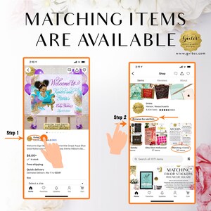 May include: A digital interface showing two mobile phone screens displaying an Etsy shop page. The left screen shows a baby shower welcome sign listing, while the right screen displays the shop's sections, including a highlighted Matching + Extras category.