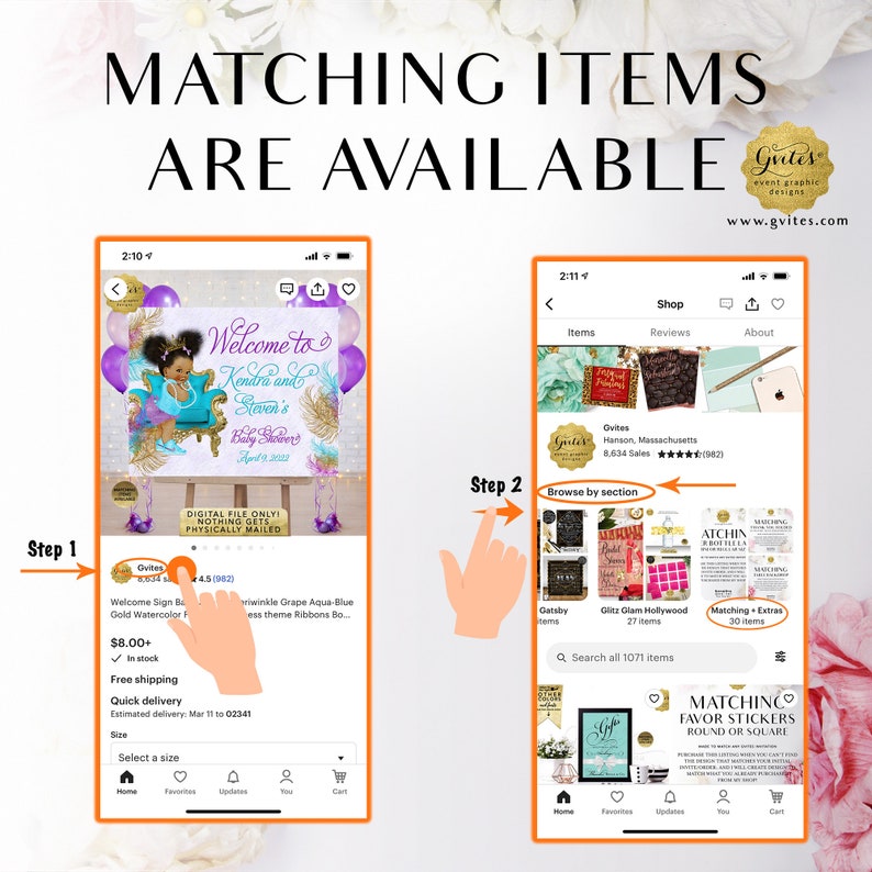 May include: A digital interface showing two mobile phone screens displaying an Etsy shop page. The left screen shows a baby shower welcome sign listing, while the right screen displays the shop's sections, including a highlighted Matching + Extras category.