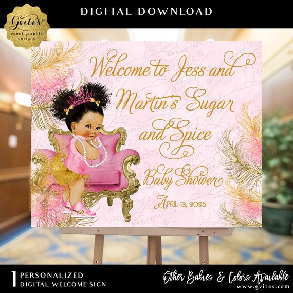 Sugar and Spice Welcome Sign | Sparkly Feathers Pink & Gold Princess Baby Shower | Med/Puffs Curly