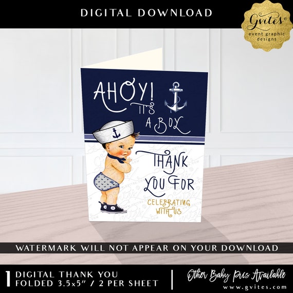 Printable Nautical Baby Shower Thank you Cards Ahoy it's a boy | Folded Note Card Blank Inside 3.5x5" / 2 Per Sheet.