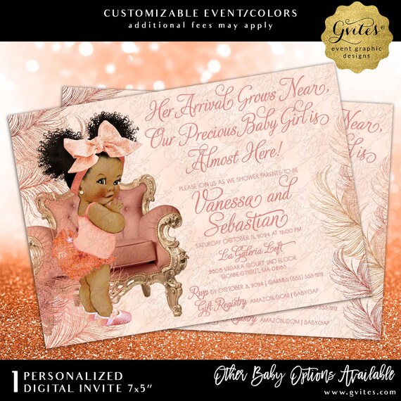 Rose Gold Afro Puffs Big Bow Baby Shower Printable Invitation. 7x5"