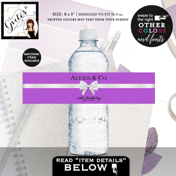 Purple Water Bottle Labels 25th Birthday Water Bottle Labels and Co Stickers breakfast at 8x2"/5 Per Sheet Digital File Only!