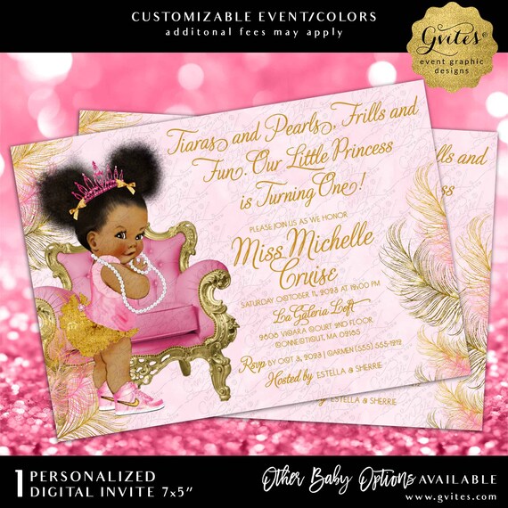 Pink Gold First Birthday Invite Printable | Baby Girl 1st Pearls Theme Princess Feather Design 7x5"