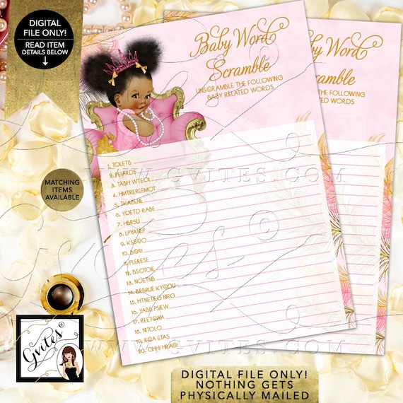Baby Word Scramble Pink & Gold Baby Shower Tiaras Diamonds Pearls Princess {Design: TIACH-110} By Gvites