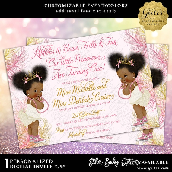 Twins First Birthday Invitation Pink & Gold Baby | Princesses African American Afro Puffs Tiara | Ribbons Bows 1st invite 7x5" Gvites