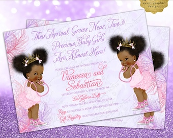 Whimsical Feathers Pink and Lavender Afro Puffs Princess Baby Shower Invitation Printable 7x5"