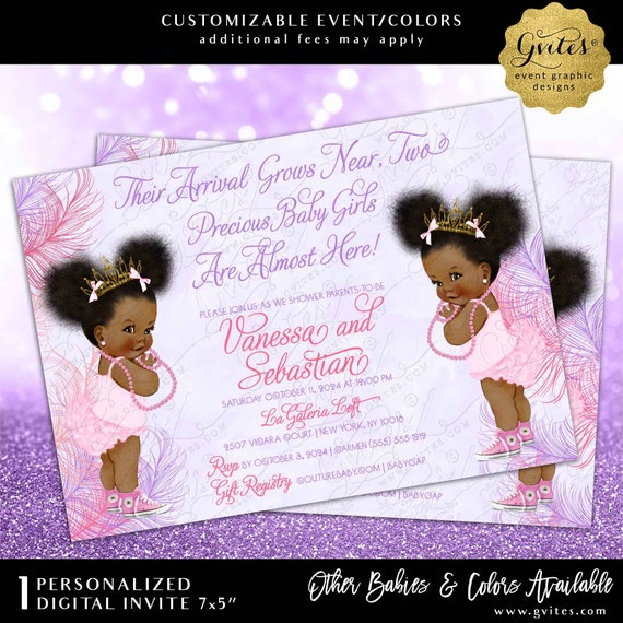 Whimsical Feathers Pink and Lavender Afro Puffs Princess Baby Shower Invitation Printable 7x5"