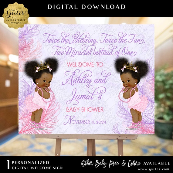 Whimsical Feathers Pink and Lavender Afro Puffs Princess Baby Shower Welcome Poster Board Sign Printable