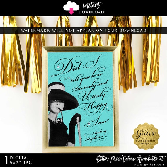 Audrey Hepburn Wall Art Printable Quote: Did I tell you how divinely and utterly happy I am? 5x7" JPG INSTANT DOWNLOAD