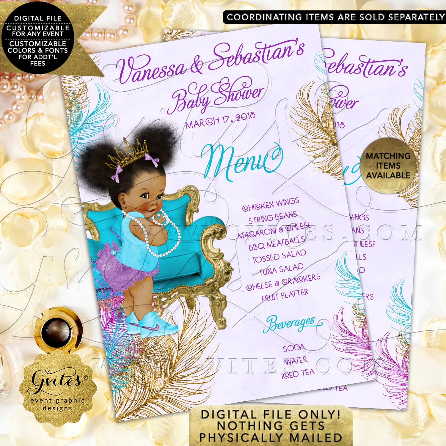 Baby Shower Menu Cards Turquoise Purple Lavender Gold African
