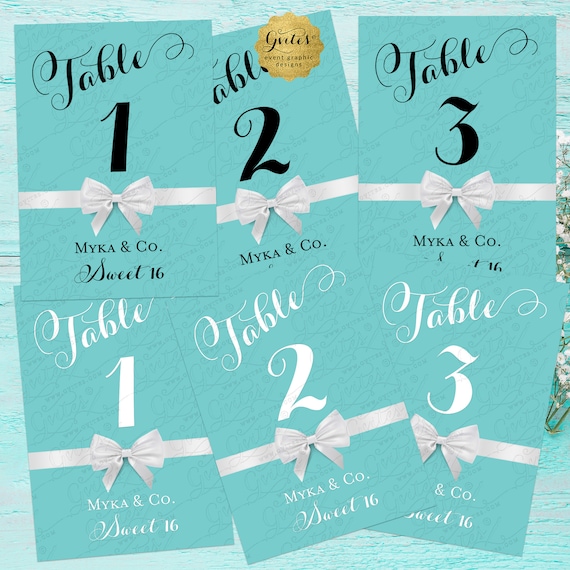 Turquoise Blue Table Numbers 1-15 | 5x7" Elegant Classic White Bow Theme by Gvites