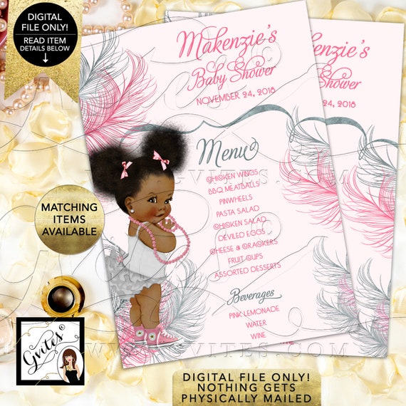 Menu Cards Baby Pink and Silver Baby Shower/ Afro Puffs Vintage African American Baby Girl. Printable/ Digital File Only!