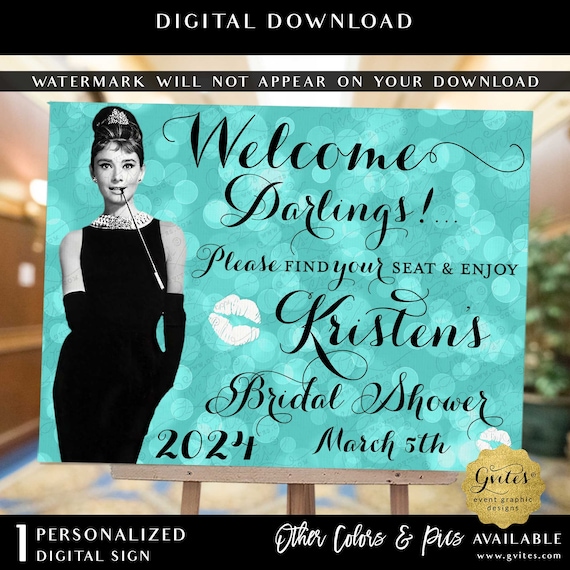 Bridal Shower Sign Welcome Darlings Audrey Hepburn Breakfast at Turquoise Blue/Robin Egg/Aqua/Teal by Gvites