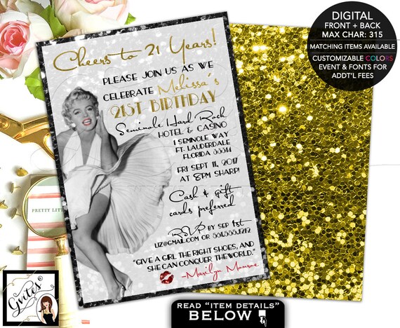 Marilyn Monroe Birthday Party Invitations / 21st Bday Party / Black & Gold Glitter Sequins old Hollywood style Theme / glitz glam printable Il_570xn
