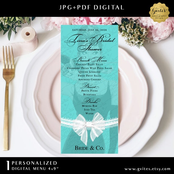 Customizable Breakfast at Bridal Menu Card 4x9" Printable/Digital