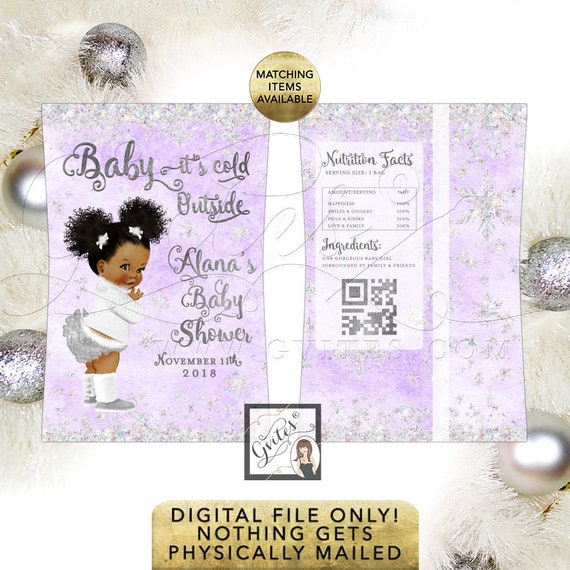 Lavender and Silver Baby Shower Chip Bag Printable, Baby its cold outside African American Afro Puffs Curly Vintage Baby.