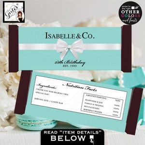 Candy Bar Wrapper 25th birthday party favors | Breakfast at co blue labels Customizable 2 Per/ Sheet 5.25x5.75