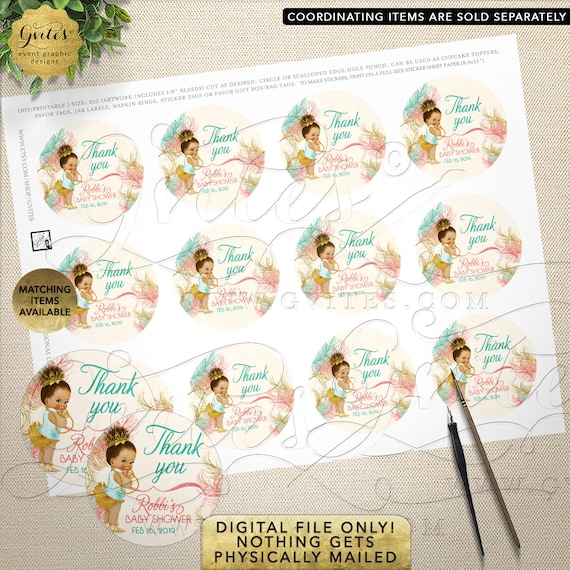 Coral Mint & Gold Round Stickers | African American | Printable Digital File | Tiaras Tutus Diamonds Lace | 2x2/12 Per Sheet | JPG + PDF