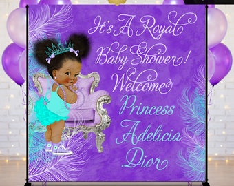 Afro Puffs Princess Baby Shower Backdrop Violet Purple Aqua Blue Lilac Watercolor Feathers by Gvites
