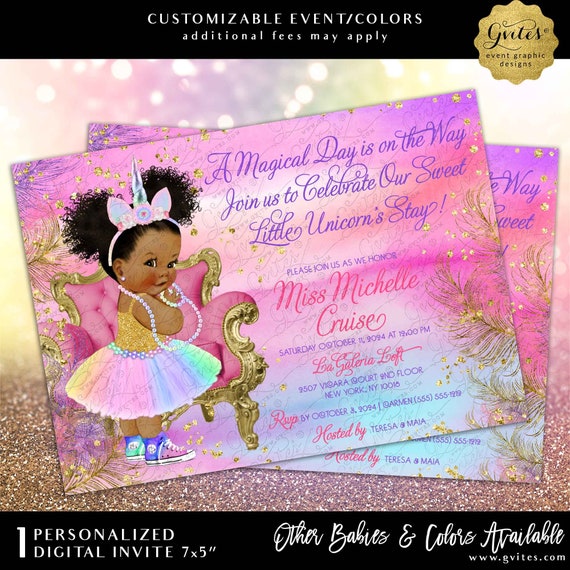 Unicorn Baby Shower Printable Invitation. Afro Puffs Princess African American Baby Girl. Rainbow Colors Magical Day. Digital File Only!