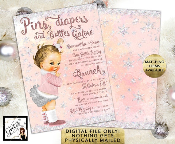 Winter Wonderland Baby Sprinkle Shower Invitation. Digital Illustration in Blush Pink Silver Glitter Snow Sparkles. 5x7" Double Sided.