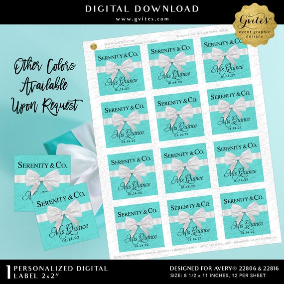 Thank You Mis Quince 2x2" Printable Labels/Stickers Party Favors Blue & White Bow Theme.