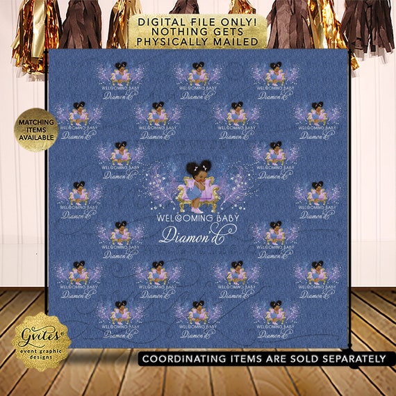 Step & Repeat Photo Booth Backdrop Denim Blue Lavender Lilac Gold | Natural Hair Afro Puffs with Ribbon