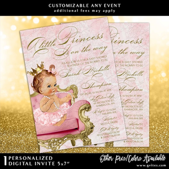 Princess Pink and Gold Watercolor Roses Baby Shower Printable Invitation 7x5"