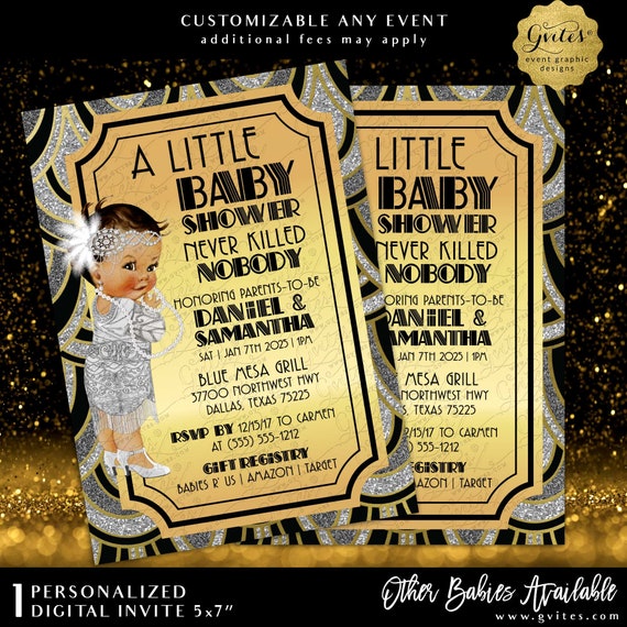 Gatsby Baby Girl Shower Invitation | Black Gold Foil & Silver Vintage 1920s Flapper Printable Party 5x7"