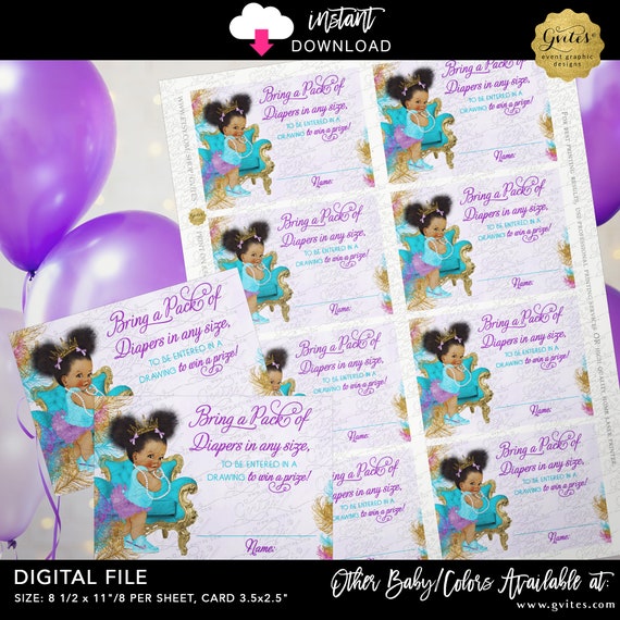 Baby Book Request | Instant Download | Purple turquoise gold diaper Dark Puffs 3.5x2.5" 8/Sheet