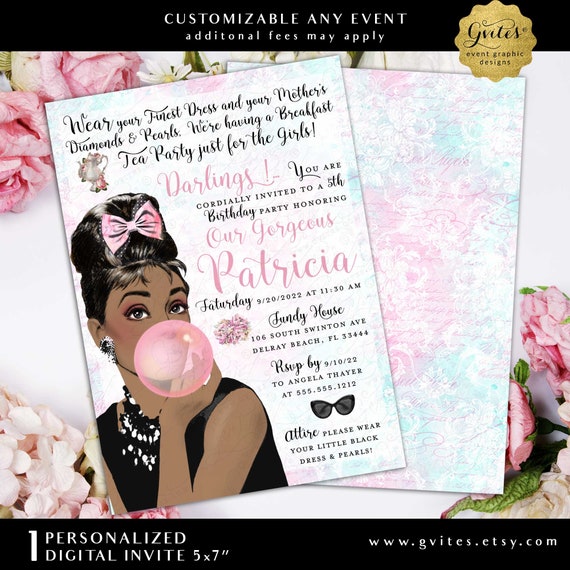 Breakfast Tea Party Printable Invitation Birthday Girl Diamonds and African American Audrey Hepburn Style 5x7"